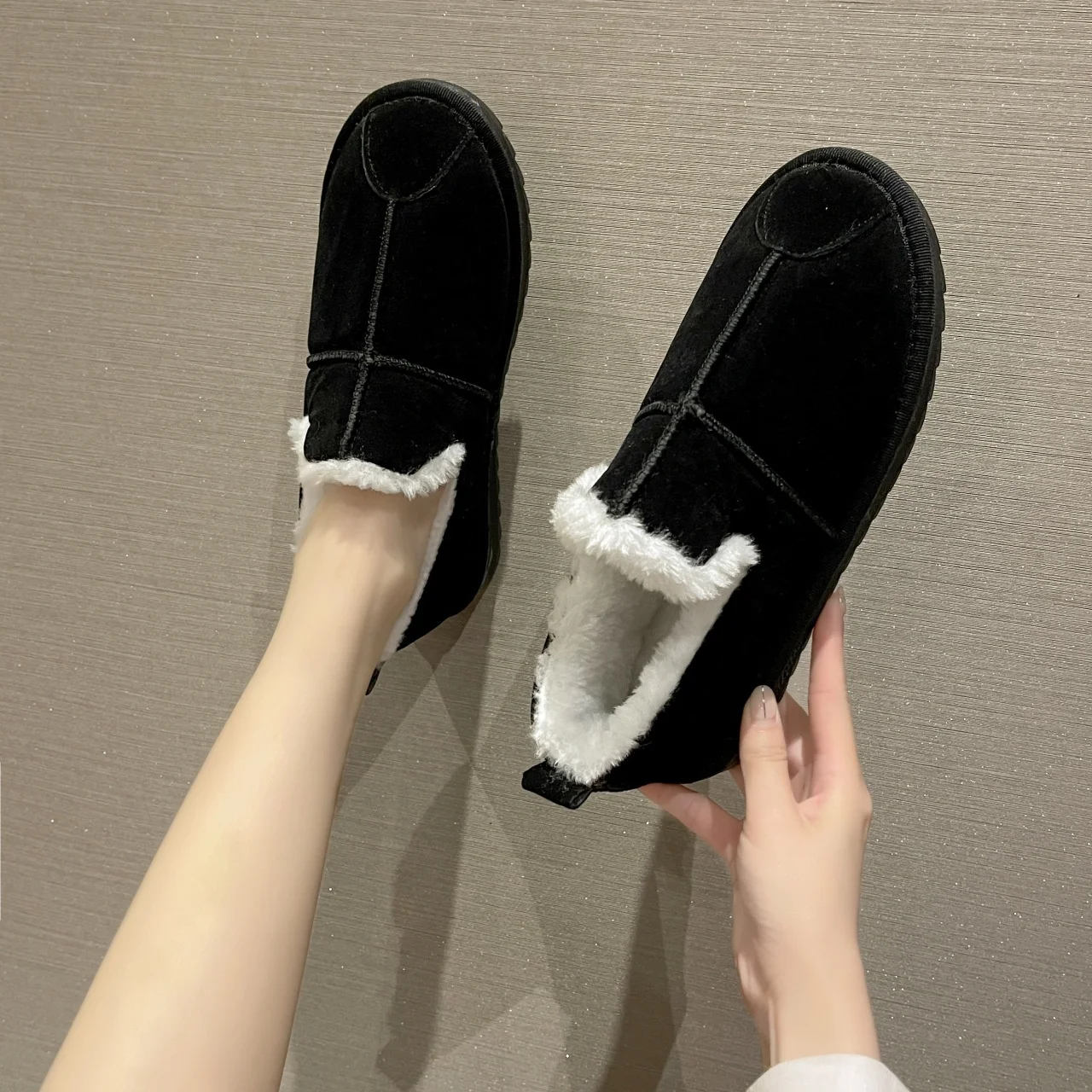 

LESLIDES Winter Boots Women Fur Slip-on Cotton Shoes Winter Plush Loafers Warm Short Snow Boots Female Furry Flat Shoes, Green grey khaki black