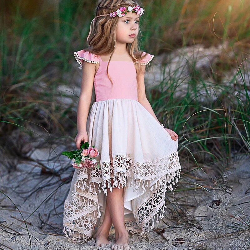 2019 girls fly sleeve lace princess dress kids irregular hollowing lace flower backless dress