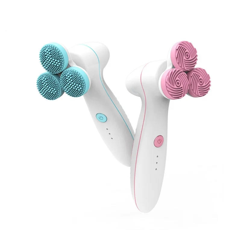 

Portable, rechargeable three-wheeled power cleanser with serum for glowing skin, Blue pink
