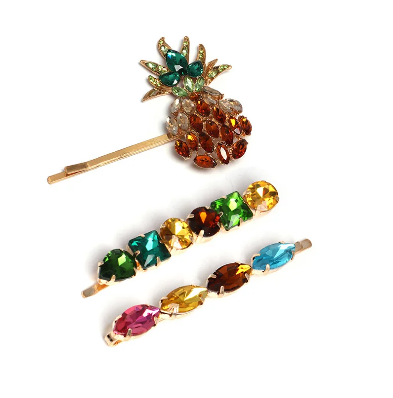 

Hot Selling Newest Gold Plating Luxurious Multi Rhinestone Pineapple BP-Bobby Pin Hair Clip Set Hairclips for Women