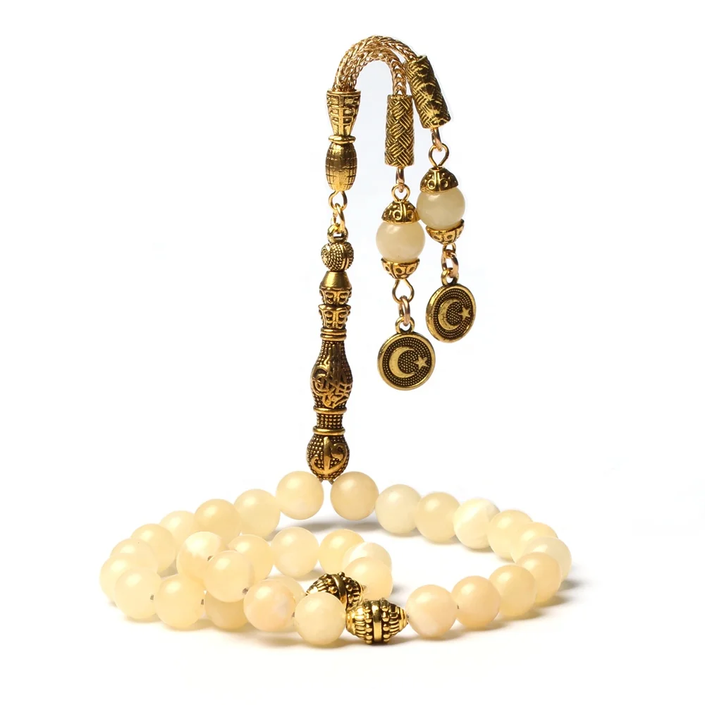 

Handmade natural beige jade round beads gold tassel muslim tasbih misbaha