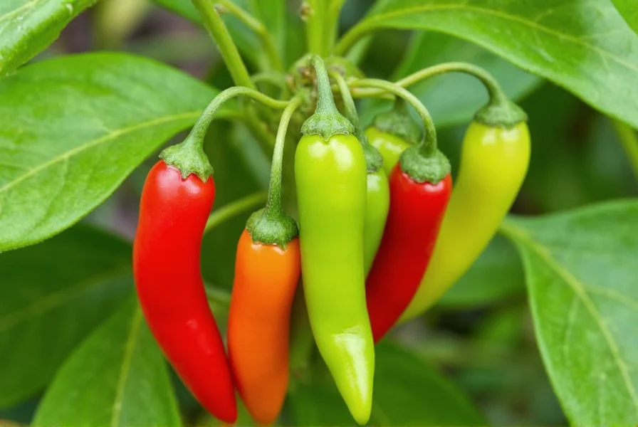Close-up of fresh bird eye peppers on plant showing small red and green chilies growing upright