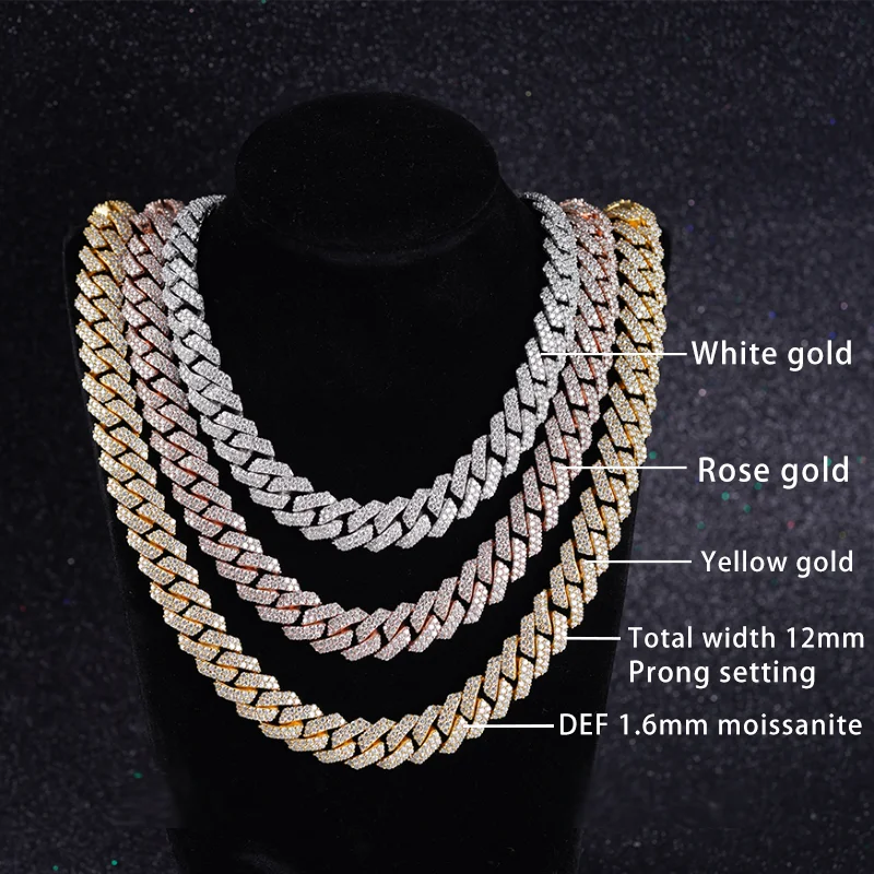 

pave small size loose white-D color moissanite silver cuban chain plated gold ready to ship