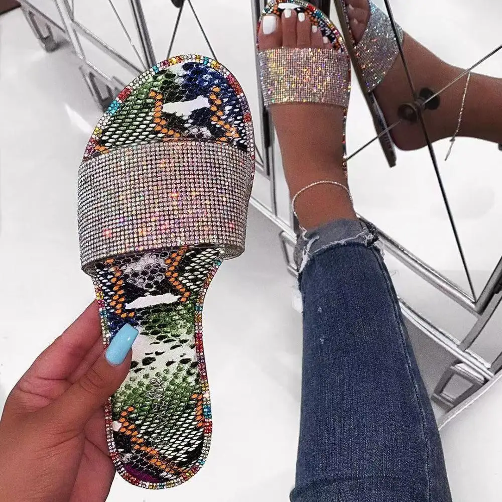 

SD-079 fashion snake skin print sole with sequined beads decorated open toe slipper sanldals beach flat sandals women, Picture show , squine colors