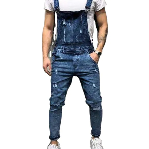 

European and American foreign trade denim ripped men's trousers cross-border spot European station new men's overalls factory