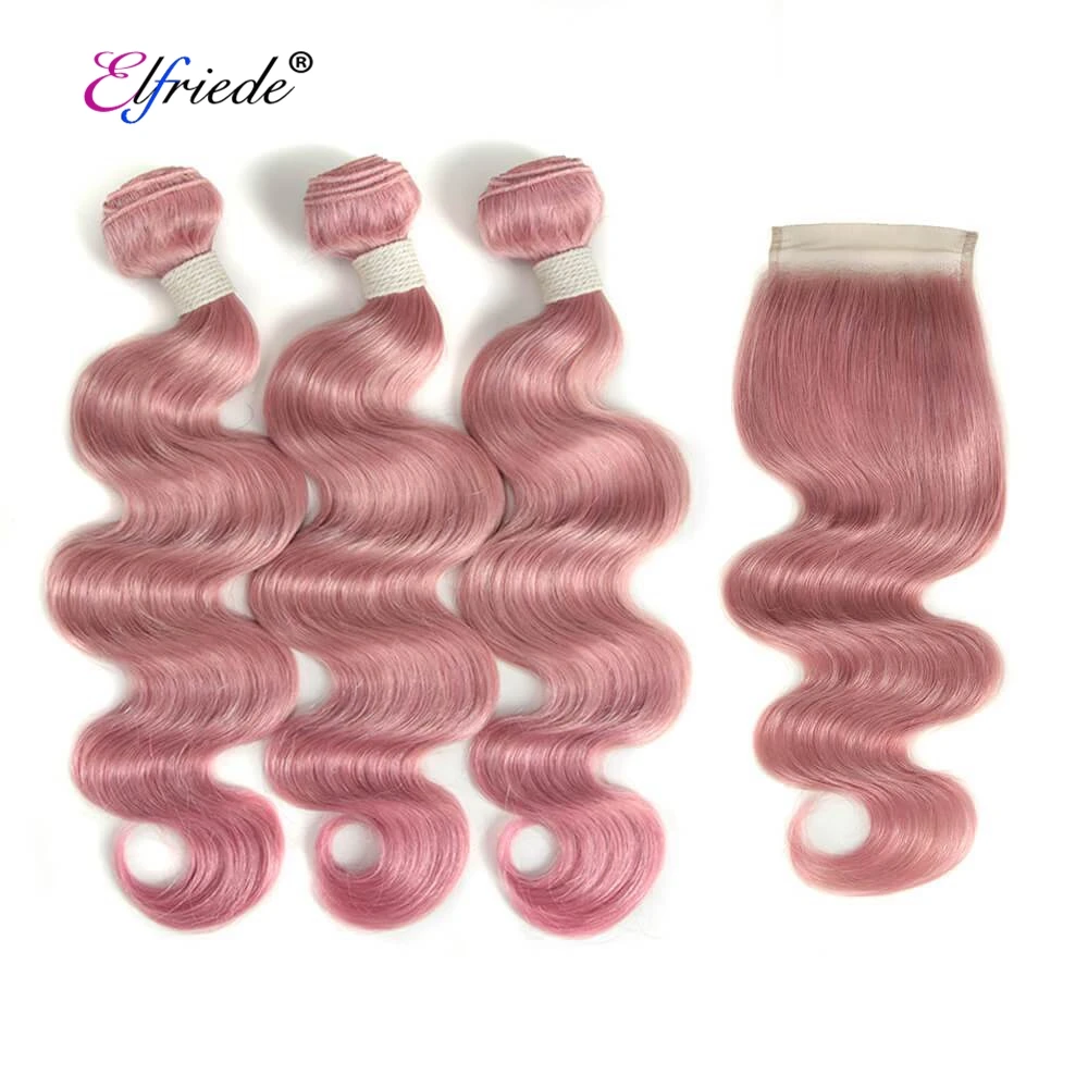 

Red Pink Body Wave Pre Colored Hair Weaves with Closure Brazilian Remy Human Hair 3 Bundles with Lace Closure 4"x4" JCXT-421