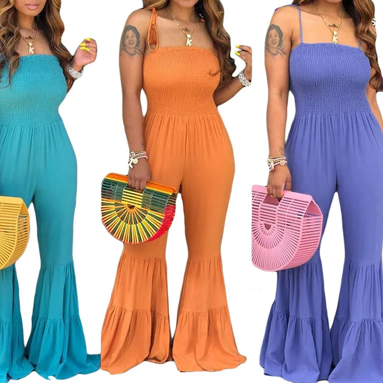 

Womens custom plain spaghetti strap wide leg ladies jumpsuits, Purple/orange