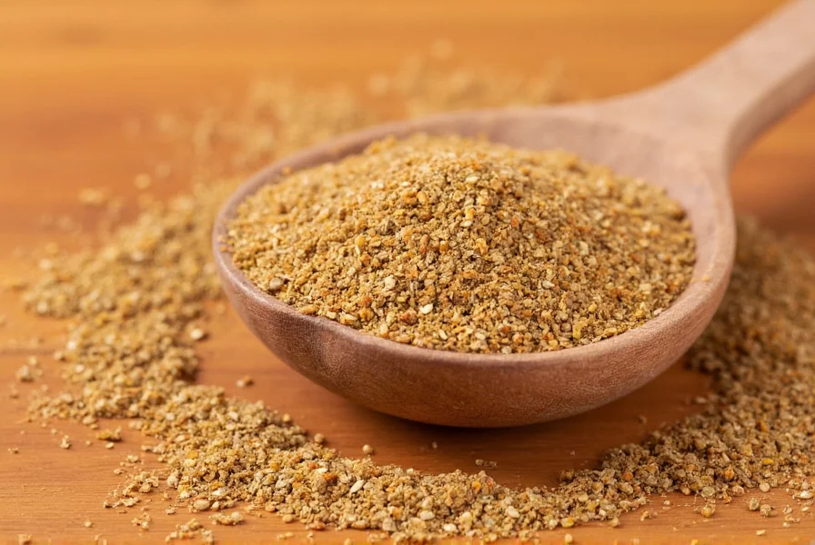 Close-up of ground cumin in spice jar with measuring spoons