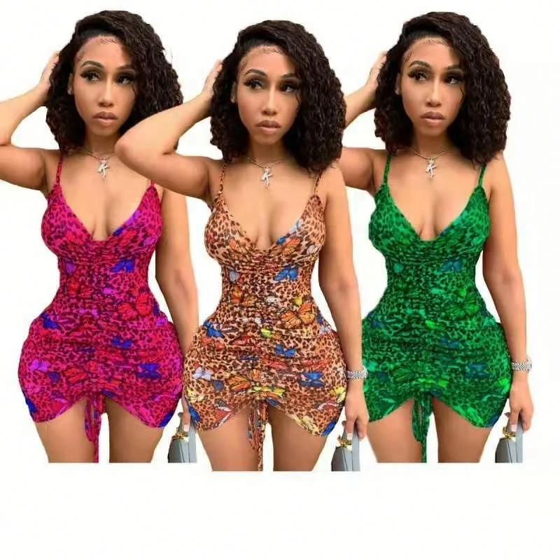 

Women Sexy leopard print sling dress drawstring pleated onesie skirt for ladies women casual dresses summer