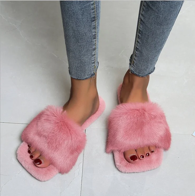 

Solid Soft Fluffy Fur Open Square Open Toe Women Outside Slides Flat Summer Single Band Women Slippers Women's Shoes, Pink,black,white,green,khaki