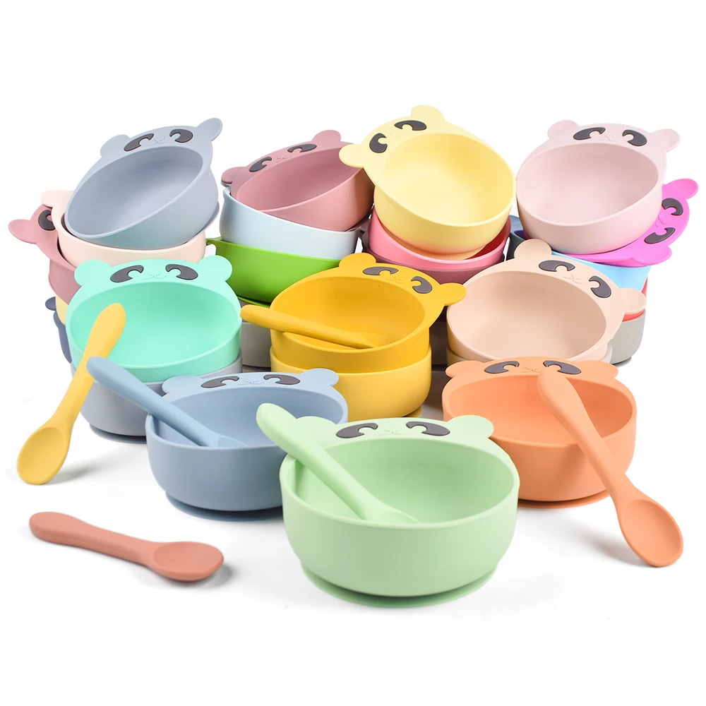 

2021 New Eco Friendly Modern Animal Cat Shape Kids Silicone Suction Baby Feeding Bowl And Matching Spoon Set With Custom Logo, 28 colors
