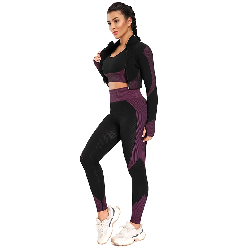 

Yoga 3 Piece Sets Long Sleeve Active Seamless Yoga Pant High Quality High Elastic Sports Wear Yoga Suit, Black/white gray/orange red