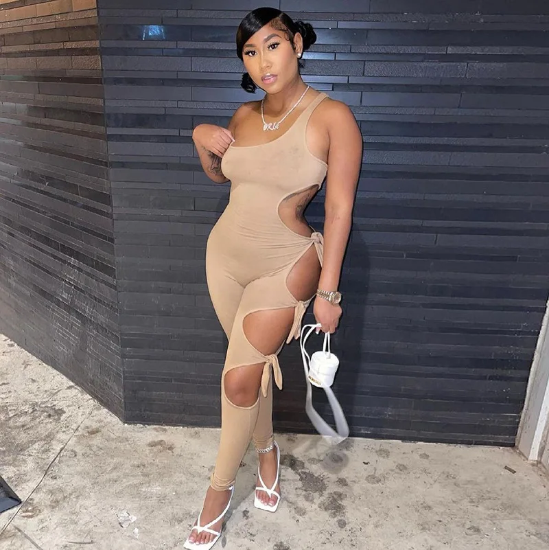 

H6866 - fashion bodycon sleeveless one shoulder solid hollow out women jumpsuit