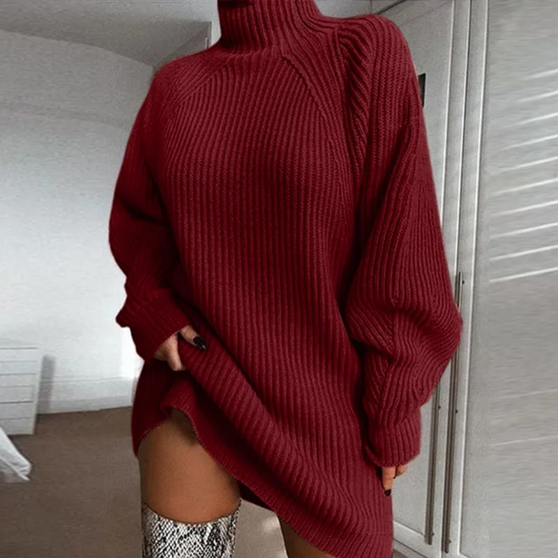 

Autumn winter Sweater dress women Casual Mid-length raglan sleeves turtleneck Knit sweater female pullovers clothing