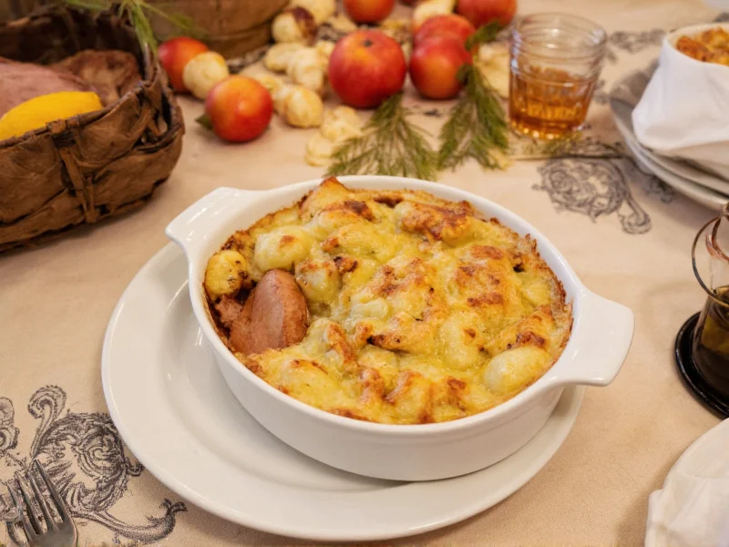 Serving scalloped potatoes with ham on holiday table