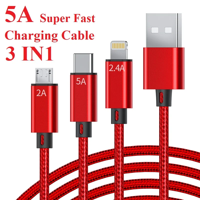 

3B2A Wholesale 3 in 1 Nylon Lightning Micro USB Type C 5A Charger Data Cables China Factories 3 in1 Nylon Fast Charging Cable