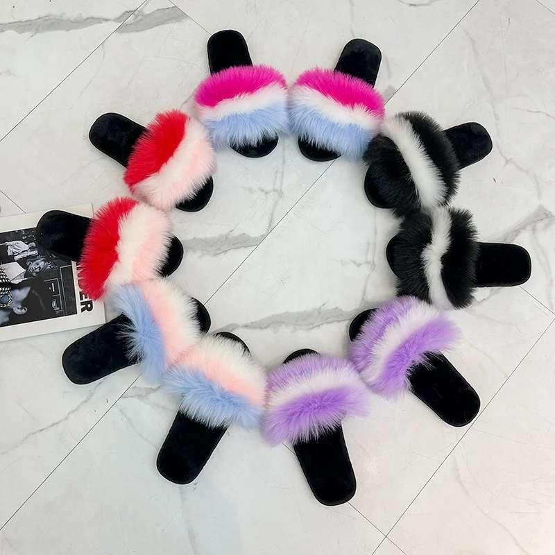 

Wholesale Fur Soft Sandals Women Fuzzy House Slippers Ladies Fur Furry Slides, White, pink, purple, blue, black