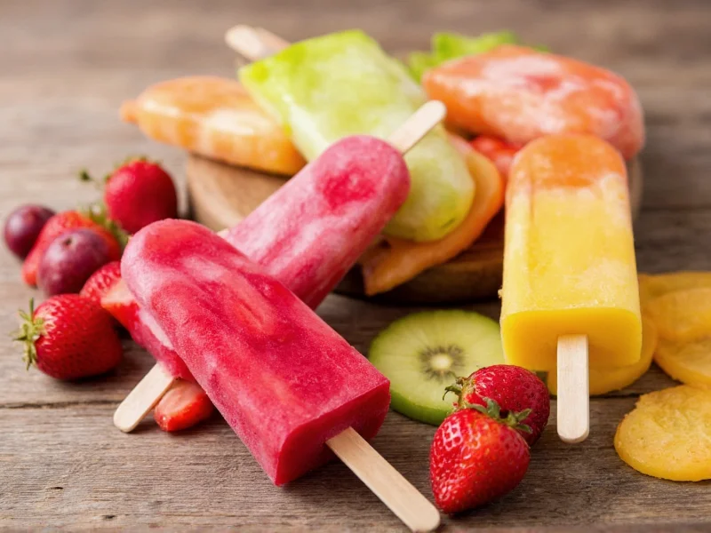 Colorful assortment of homemade fruit popsicles on wooden table