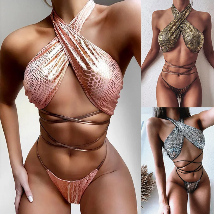 

2021 New Arrival Sexy BIKINI Backless Swimwear Suits Female Comfortable Gold Stamp XXXX Girl Swimsuits, Three colors