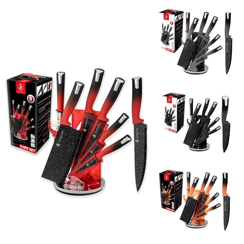 

Kitchen King colorful kitchen chef knife sets 8 piece knife set non stick coating rubber grip handles with gift box, Black coated