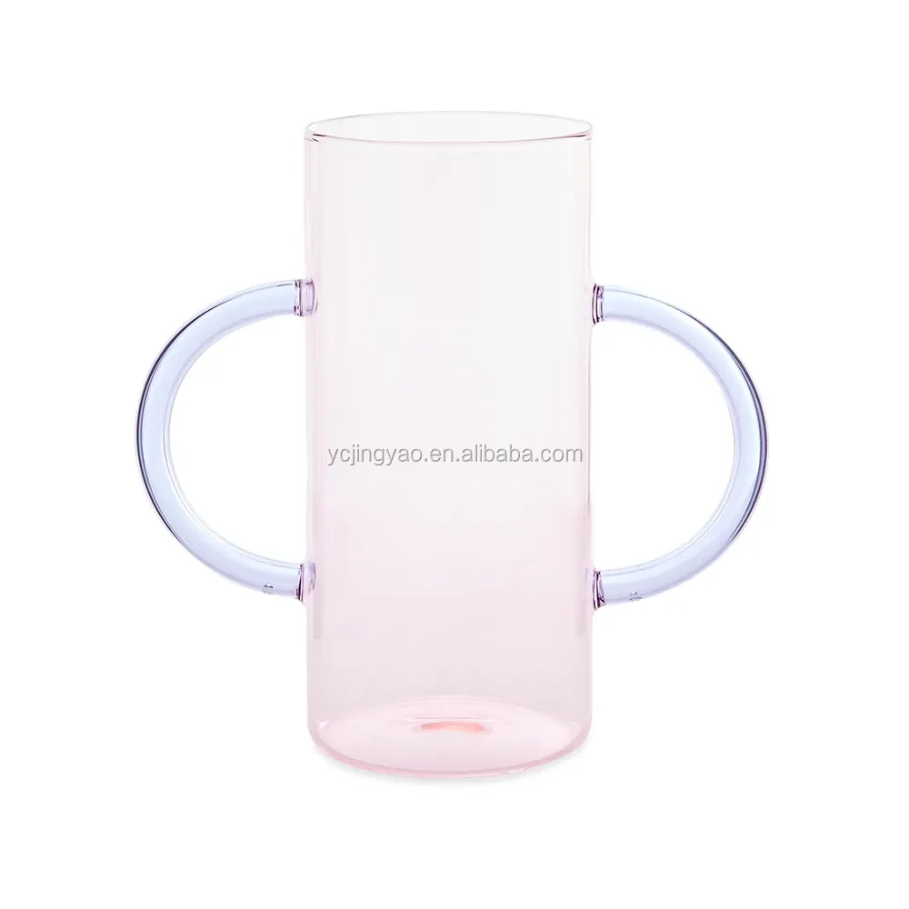 

Handblown Decorative Heat Resistant Pyrex Borosilicate Pink Colored Double Handle Glass Vase