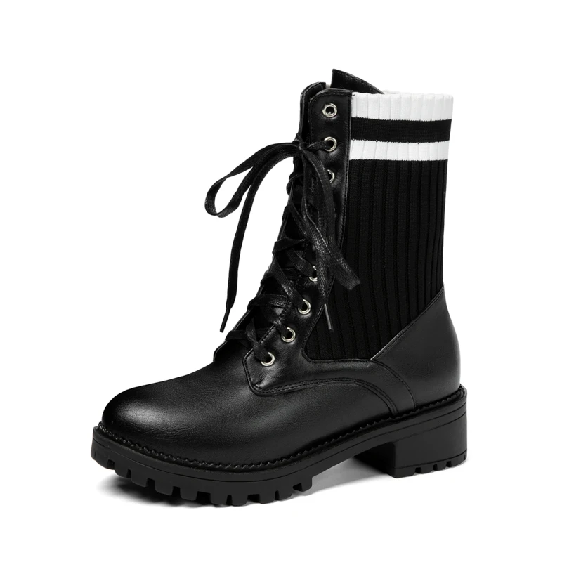 

winter Knitting splicing lace-up round head leisure Thick-heeled women's boots