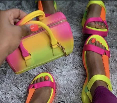 

Q107116 2020 PVC Handbag Sandals Set Ladies Female Rainbow Jelly Purse and Matching shoes Set