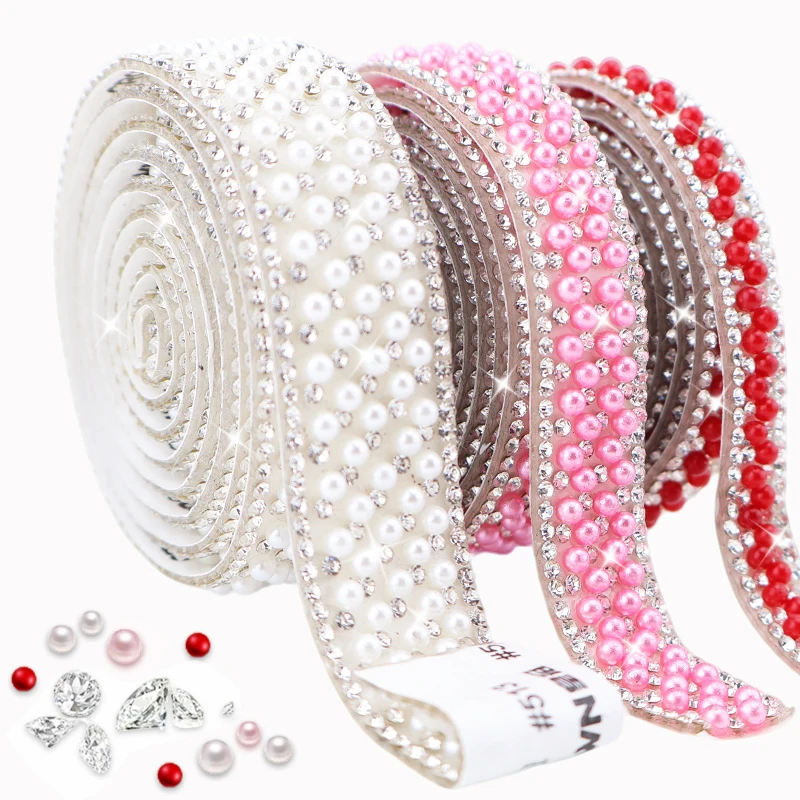 Fashion 3mm Pearl Rhinestone Ribbon Self-Adhesive Crystal AB Rhinestone Applique Roll for Nail Art Garment Shoes Decoration
