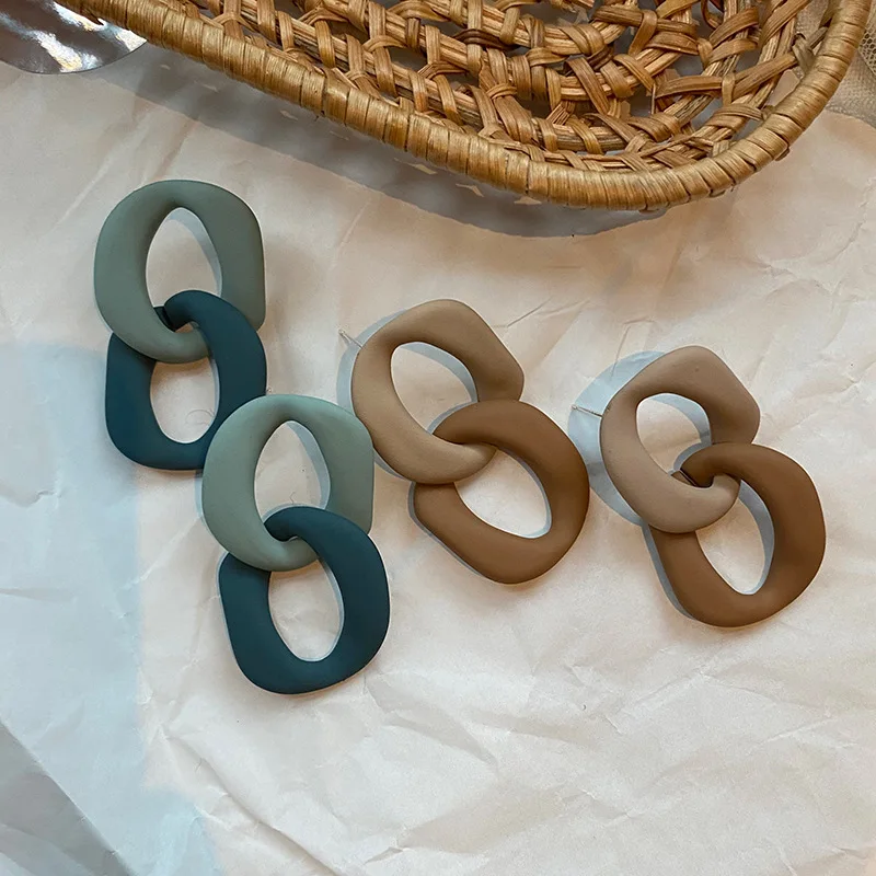 

JUHU New French retro irregular color spray paint earrings thick chain exaggerated earrings S925 silver needle jewelry for women, Colorful