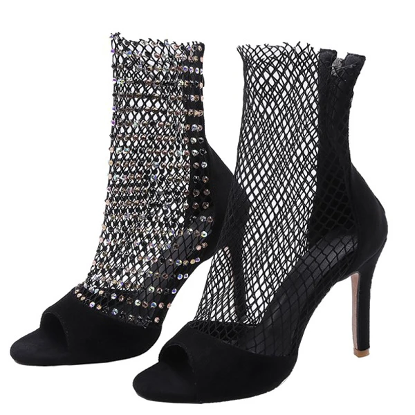 

Colorful Rhinestone Women High Thin Heel ShoesFishnet Mesh Sock Dress Shoes Lady Party Club Peep toe Stiletto Shoes Women, Black