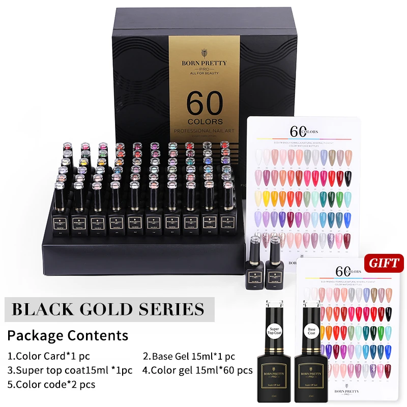 

BORN PRETTY Pro 15ml Black Gold Series Professional 60 Colors Gel Nail Polish Set Collection Soak Off UV Gel with Base Top Coat, 60 colors/set