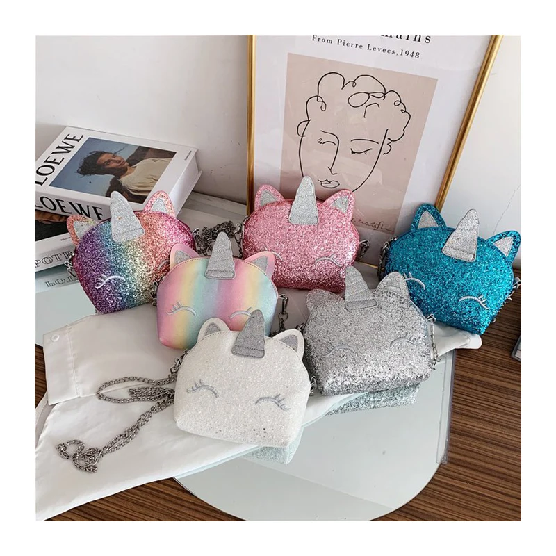 

2021 wholesale children cartoon cute unicorn crossbody sequin chain bags girls mermaid sequins kids handbag, Picture