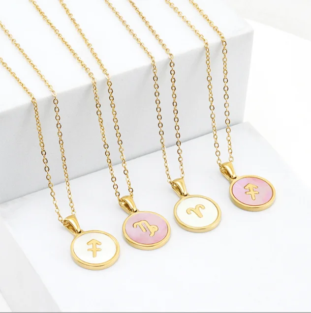 

Round shell zodiac pink 18K stainless steel 12 necklace pendant