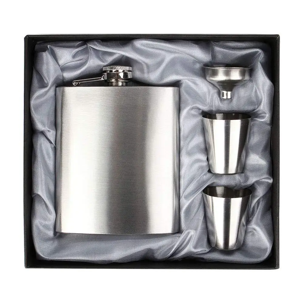 

7oz 8oz Stainless Steel Hip Flask Set Funnel Wine Mug for Liquor Whisky Wine Outdoor Portable Pocket Flasks with Box Men's Gift, Sliver and custom color
