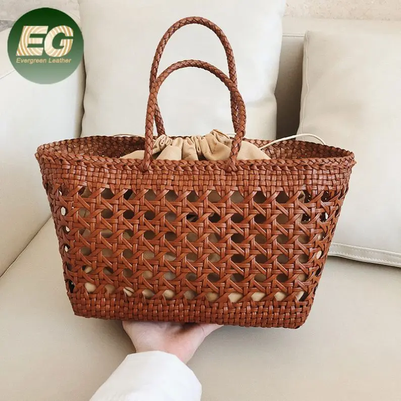 

EMG6233 Big capacity women woven tote bag basket beach shoulder real leather braided bags