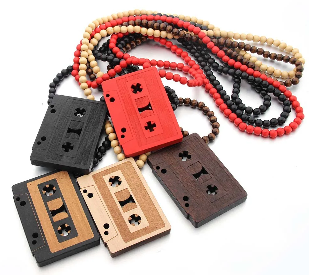 

men hip hop wooden beaded Tape Pendant Necklace