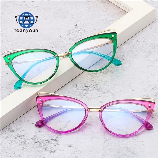 

Teenyoun Eyewear Custom Logo Glasses Rice Nail Tr90 Frame Plain Spectacles Retro Women Cat Eye Anti Blue Light Eyeglasses