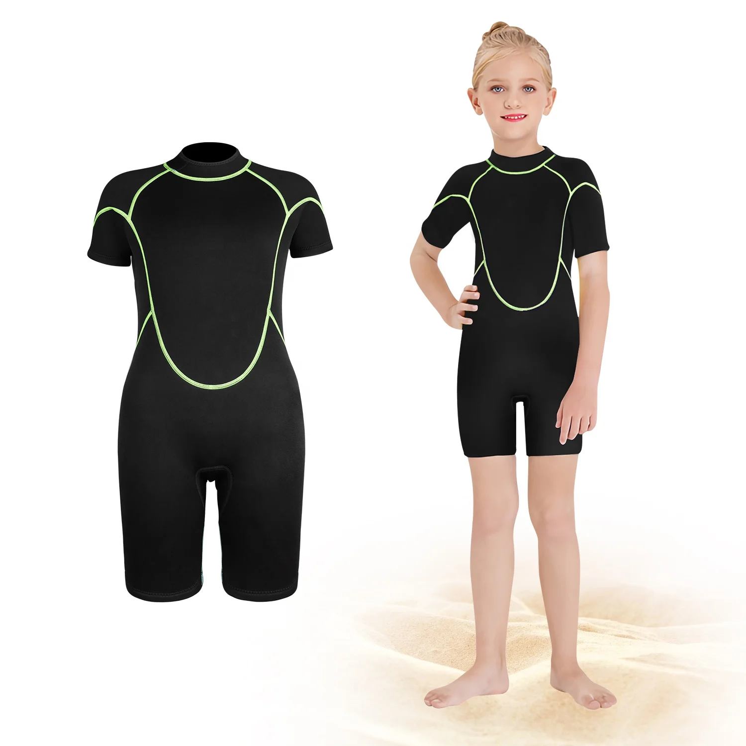 

SKTIC 2022 Customized Kids Short Wetsuit 3MM Neoprene Fabric Wetsuit Material Baby Wetsuit One Piece Surf Diving Wet Suit, Black green