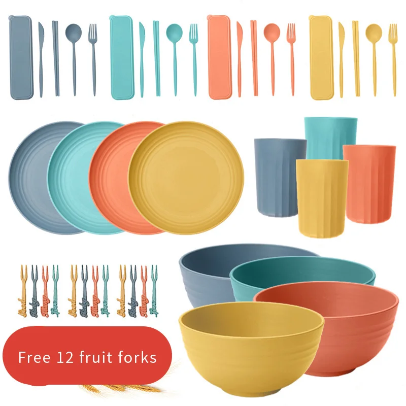 

wheat straw dinnerware set packaging plates bowl household wheat straw dinnerware sets, Blue, orange, green,yellow,mixing color color