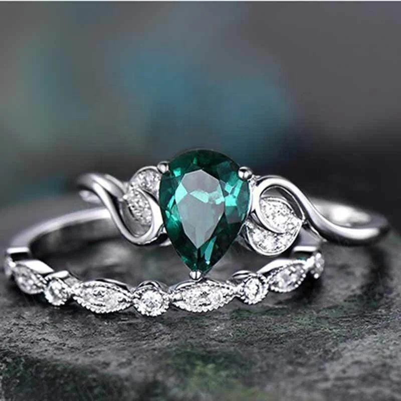 

2Pcs/Set rings New green zircon Crystal Rings For Women water shaped engagement ring European Fashion Anniversary Jewelry