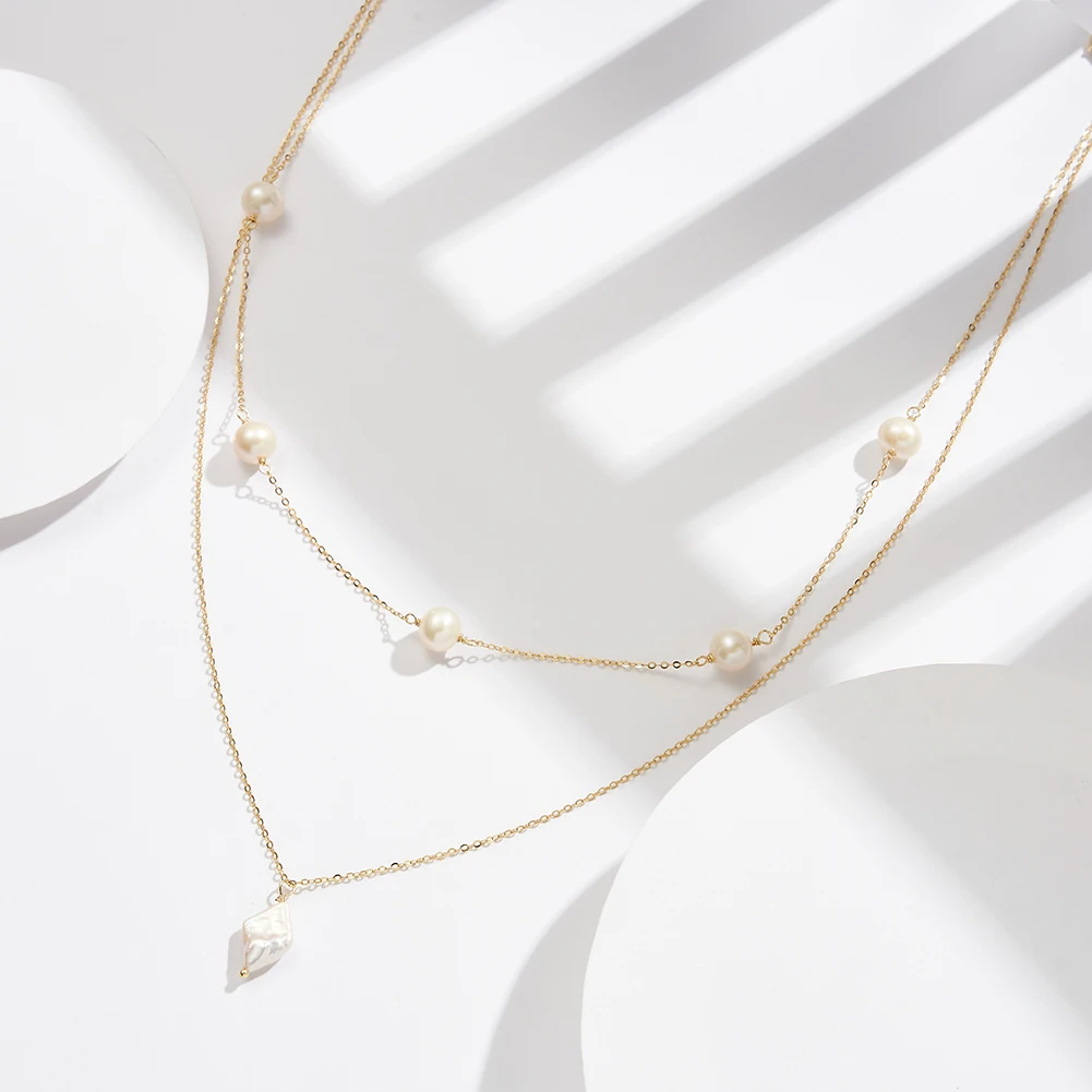 BQN14 RINNTIN Elegant 14K Gold Plated Cultured Freshwater Pearl Necklace 925 Sterling Silver Layered Necklace for Women Girls