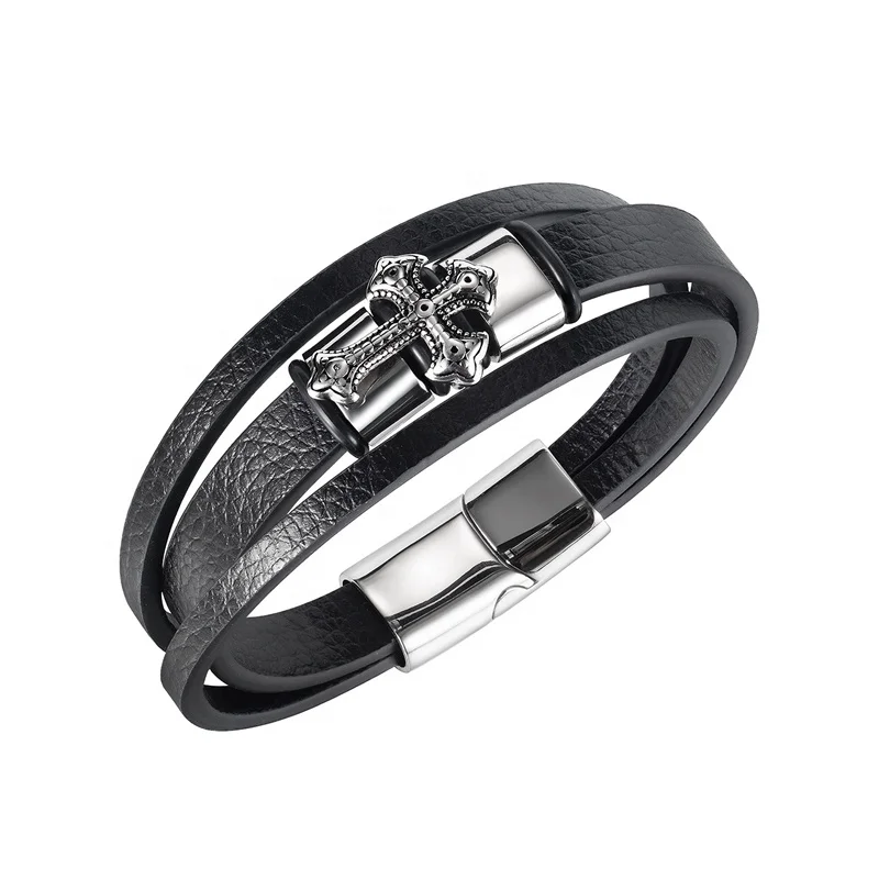 

new  mult layer inspiration bracelet with magnetic clasp classic cross leather bracelet for men, Black