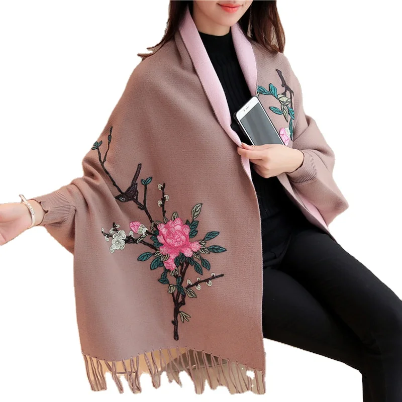 

Winter New arrival open front batwing sleeve flower embroidery cashmere loose woman knitted poncho sweater