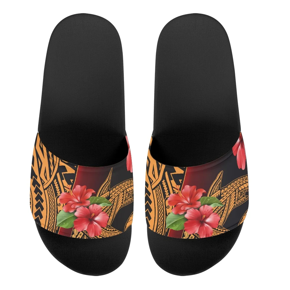 

Print on demand Black Slide Sandals Shoe Tribal stripe Polynesian Style Sublimation Printed Women Shoes And Flat Slippers For