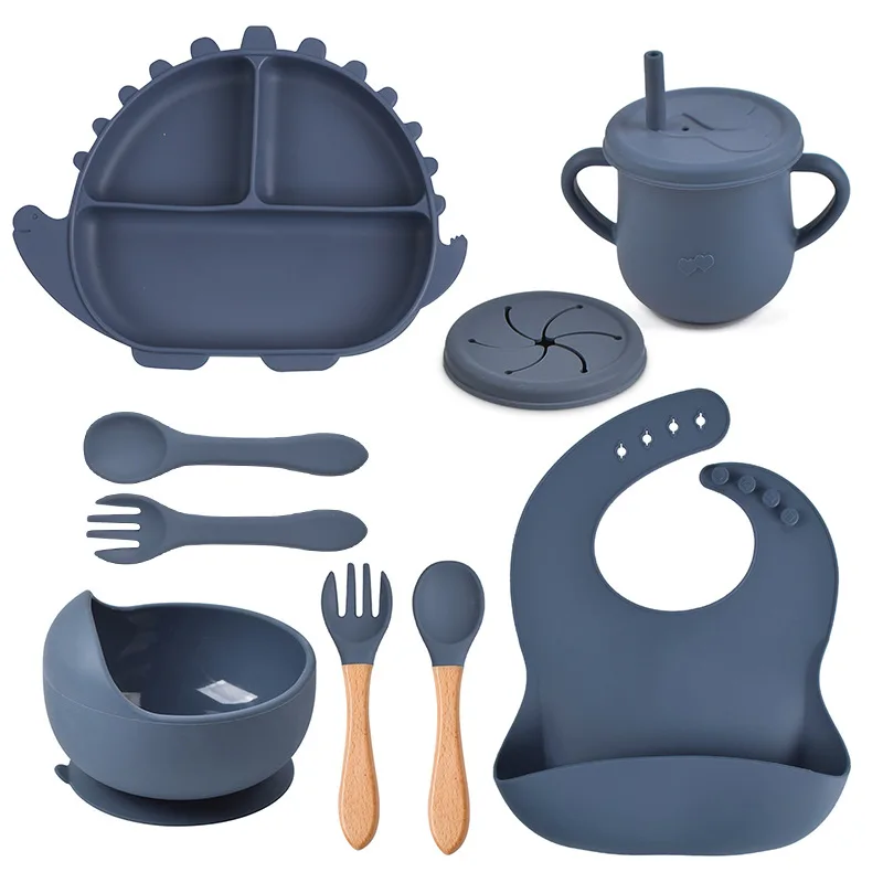 BPA Free Baby Weaning Feeding Set Silicone Divided Suction Plate Bowls Spoon Bib Kids Dining Tableware Set