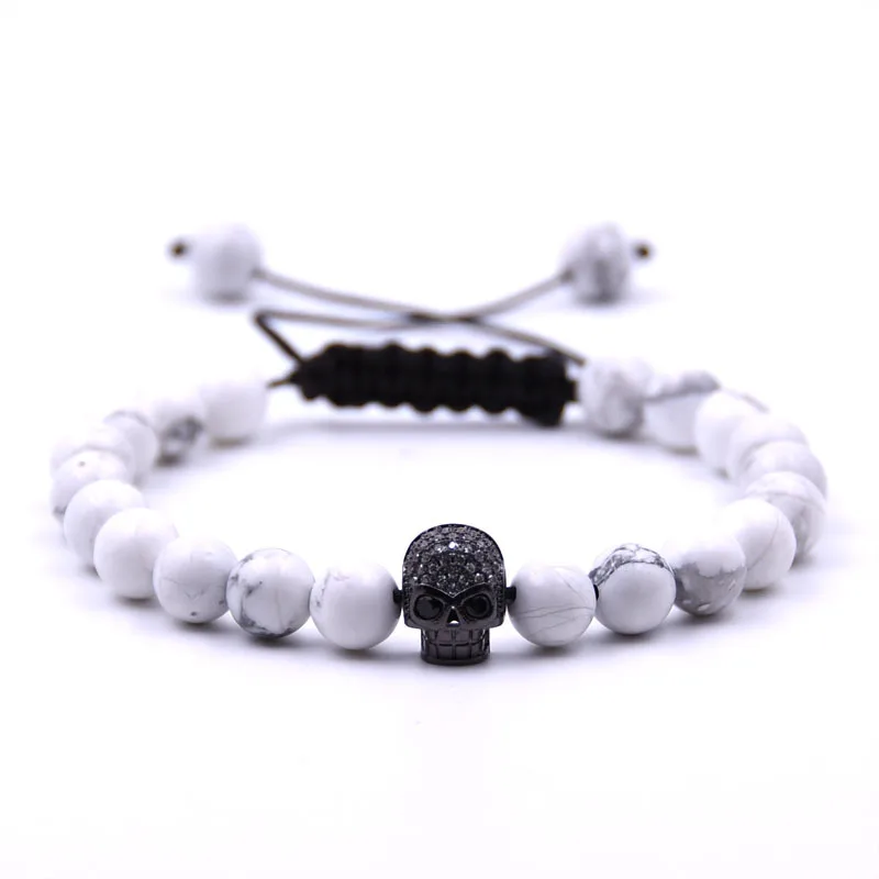 

Fashion Adjustable Tiger Eye Stone Bead Bracelet Braided Micro Pave CZ Skull Charm Bracelet For Men