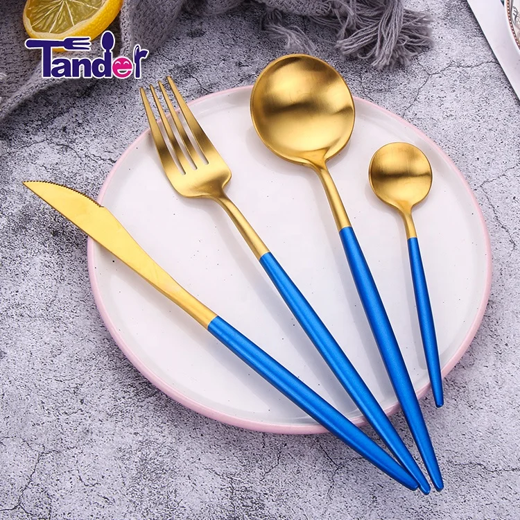 

Tander korean style gold flatware set stainless steel blue handle cutlery set