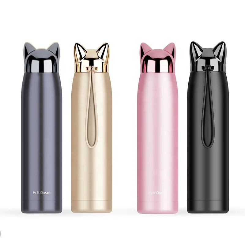 

320ml Stainless Steel Double Wall Thermos Bottle Vacuum Flasks Cute Cat Fox Ear Thermal Coffee Travel Leak-proof Drinkware Flask, Black, gold, rose, blue