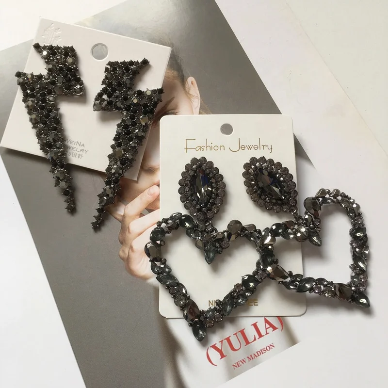 

Kaimei best selling products 2020 in usa amazon women crystal black diamond earrings heart ligtening hematite black earrings, Many colors fyi