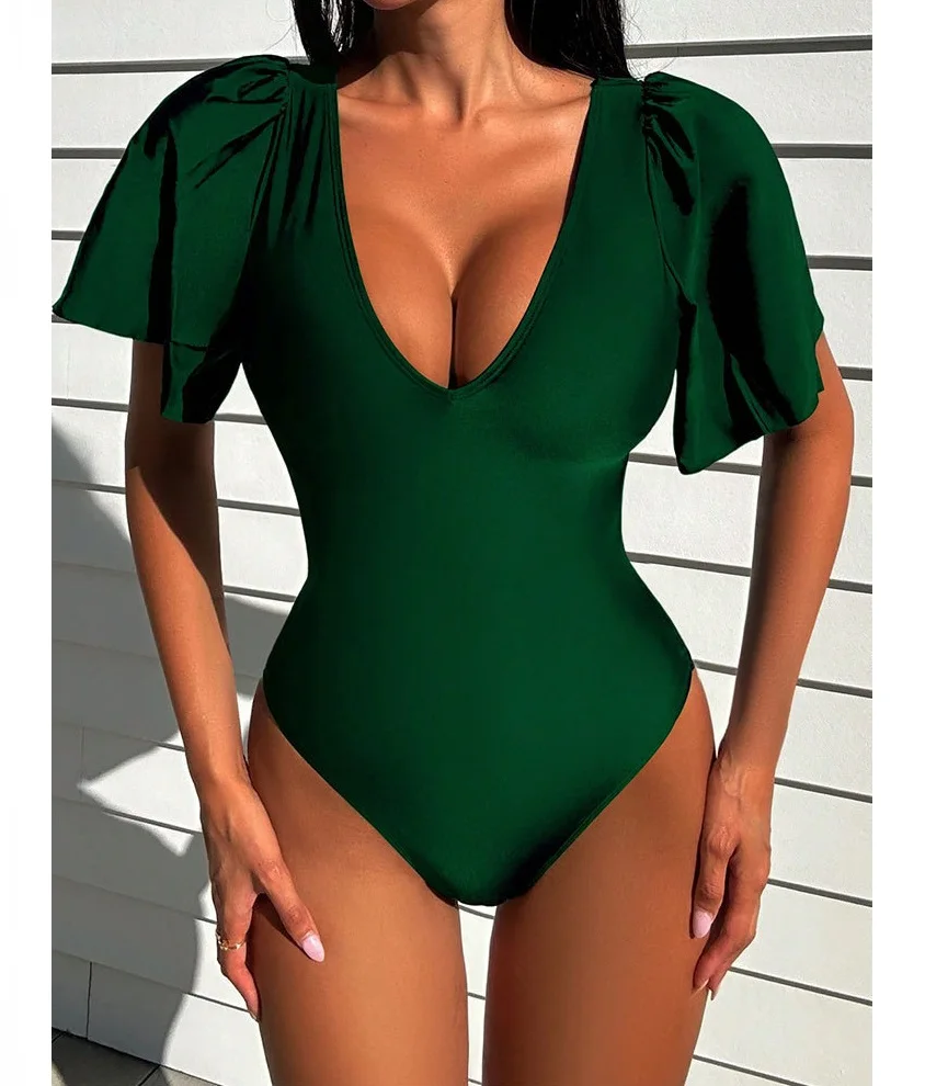 

Short Sleeve Tummy Control Bathing Suits Sexy Back Tie Up Swimwear Women One Piece Swimsuit 2023